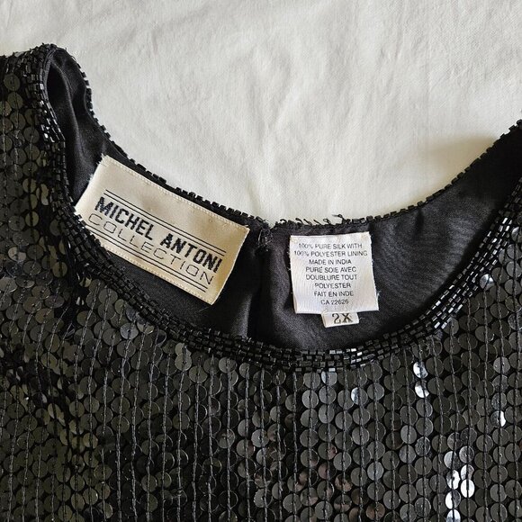 Michel Antoni Top Womens 2X Black Short Sleeve Sequined Silk Witchy Goth Retro - Picture 3 of 15